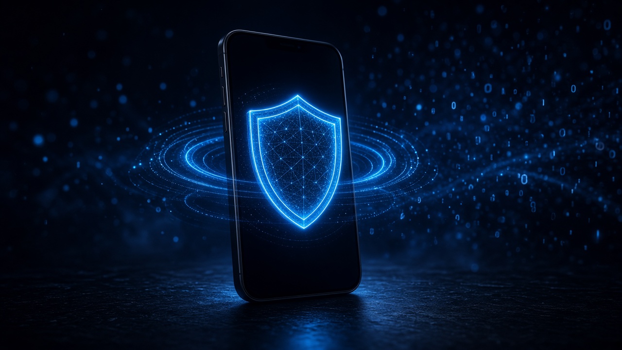 Ilustración: escudo de seguridad escaneando un smartphone